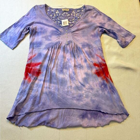 NWT one world hippie bohemian tye dye top lace back panel metal stud  size S - Picture 1 of 11